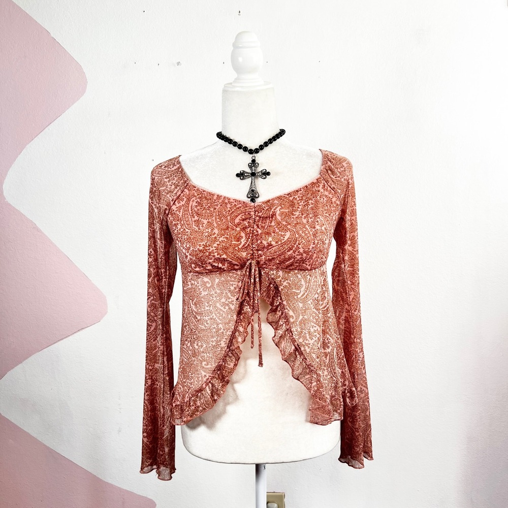Paisley Ruffle Babydoll Top Sz‎ Medium Sheer Boho Festival Bohemian Hippie